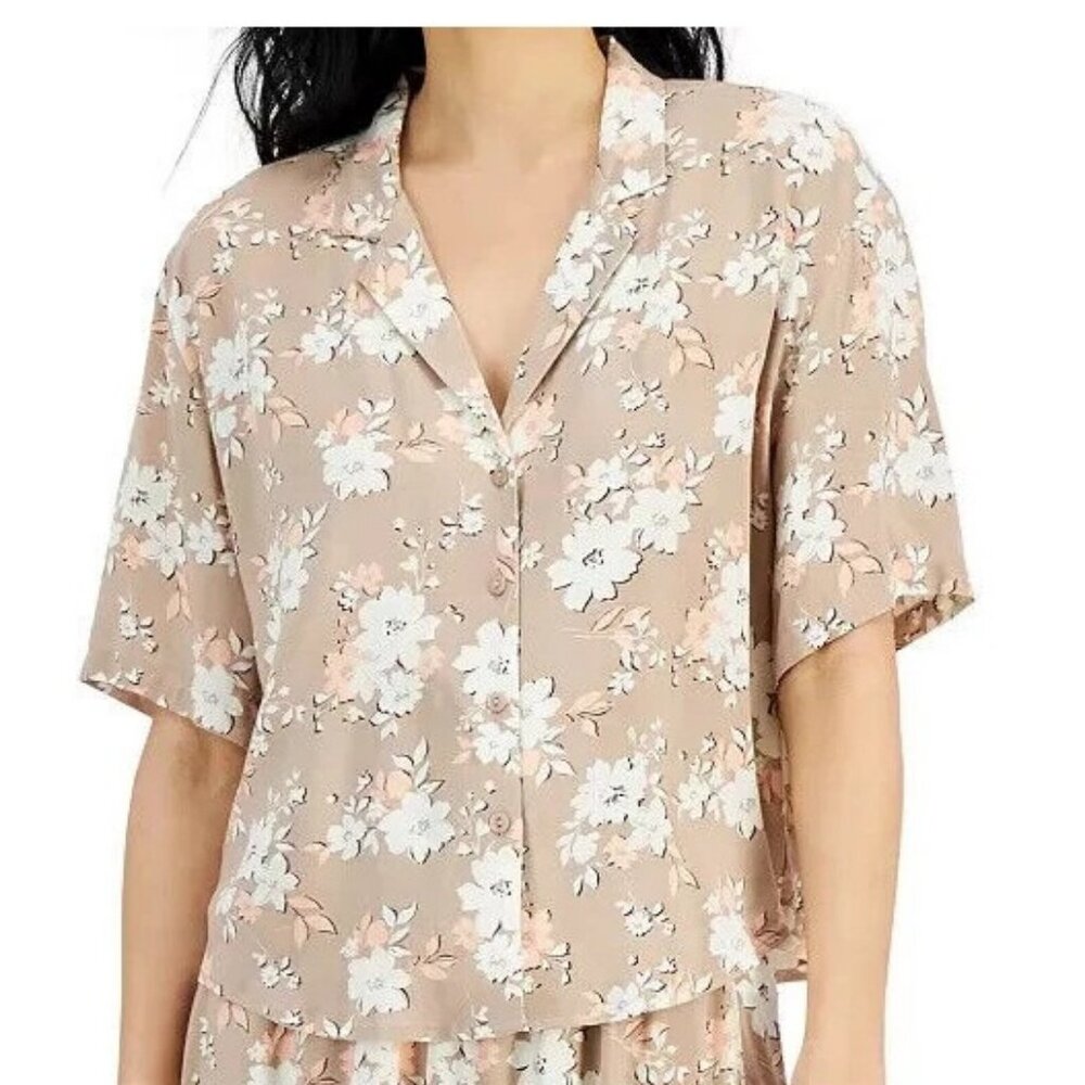 Alfani Women's Notch-Collar Short-Sleeve Lounge Pajama Top, Brown Floral, XXL